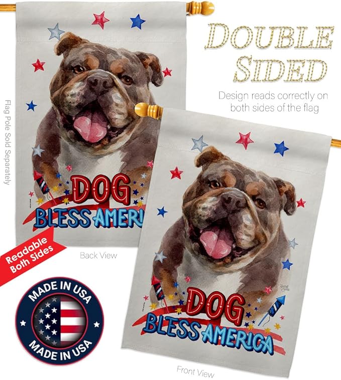 Breeze Decor Patriotic Chocolate Bulldog House Flag Dowel Set Dog Puppy Spoiled Paw Canine Fur Pet Nature Farm Animal Creature Banner Small Garden Yard Gift Double-Sided, Made in USA