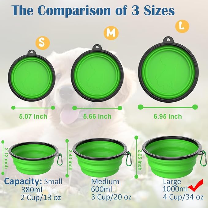 Takfox Collapsible Dog Bowls [2 Pack] 34 oz, Travel Dog Bowls, Pet Bowl Portable Foldable Water Food Feeding Dishes with Carabiner Clip for Traveling Hiking Walking-Black & Green