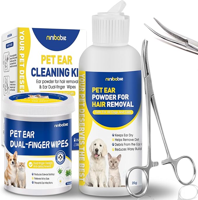 Dog Ear Hair Removal Tool,Dog Ear Infection Treatment with 5.5 Inch Tweezers Curved, Dog Ear Finger Wipes,All Natural Ingredients,Soothes Itchy Ears & Relieve Scratching