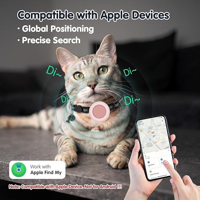 Pet Tracker for Cat, Smart Cat Location Tracker with Holder, MFi Certificated Tracking Device, No Monthly Fee, Works with Find My, Collar Not Included, Not GPS Tracker(iOS Only) (Pink,Small)
