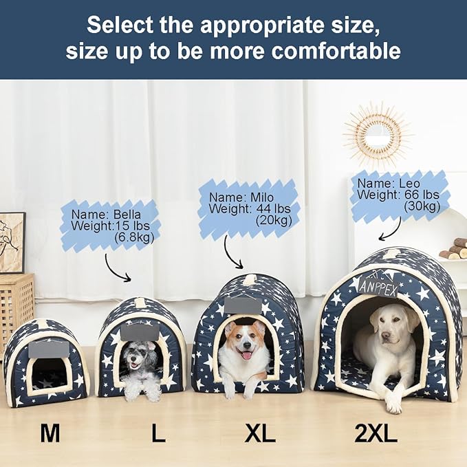 ANPPEX Large Igloo Dog House Indoor,2XL Size Dog Cave for Large and Medium Dogs,2-in-1 Washable Covered Dog Bed,Blue