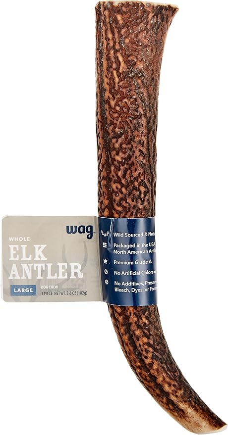 Amazon Brand - Wag Dog Elk Antler Chew, Naturally Shed, Whole, Large 8-9.5 inches (Best for Dogs 30-45 lbs), 3.60 Ounce (Pack of 1)