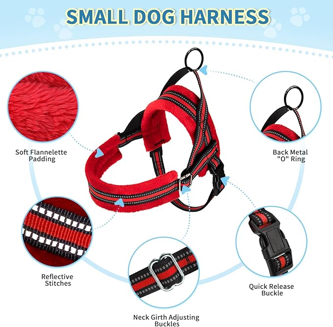 SlowTon No Pull Small Dog Harness and Leash Set, Puppy Soft Vest Harness Neck & Chest Adjustable, Reflective Lightweight Harness & Anti-Twist Pet Lead Combo for Small Medium Dogs (Red, XXS)