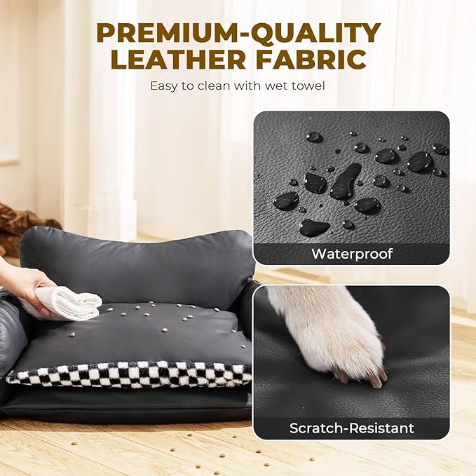 BurgeonNest Cat Couch Bed & Dog Sofa Bed for Small Dogs & Cats up to 15lbs, Double Layer Cushion Extra Comfort, Leather & Plush Material Scatch-Resistant, Waterproof, Black
