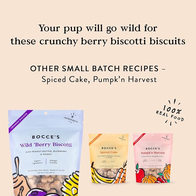 Bocce's Bakery All-Natural, Small Batch, Organic Dog Treats, Wild 'Berry Biscotti Biscuits, Wheat-Free, Limited-Ingredient, Made in The USA with 100% Recyclable Packaging, 12 oz Bag (DG-BC-WBB)