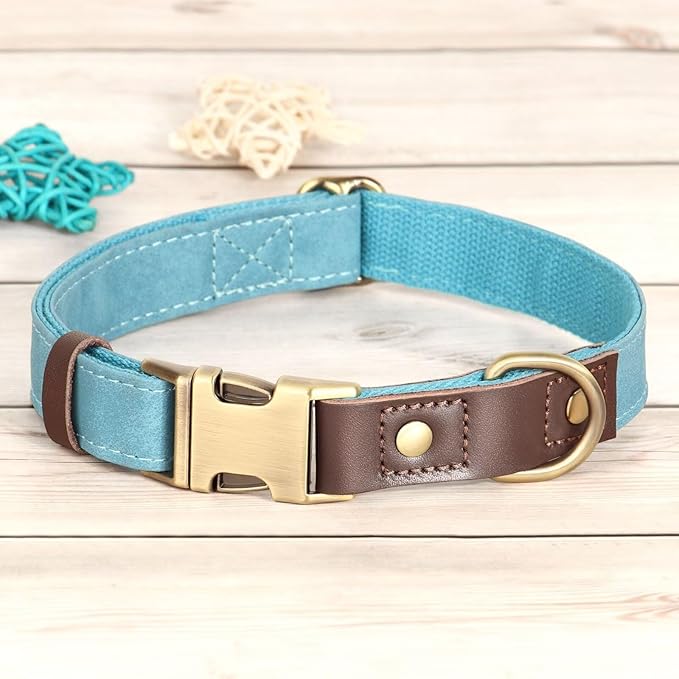 Didog Soft Padded Leather Dog Collars for Medium Dogs, Classic Heavy Duty Dog Collars with Quick Release Metal Buckle, Adjustable Medium Dog Collar Leather,Light Blue,M
