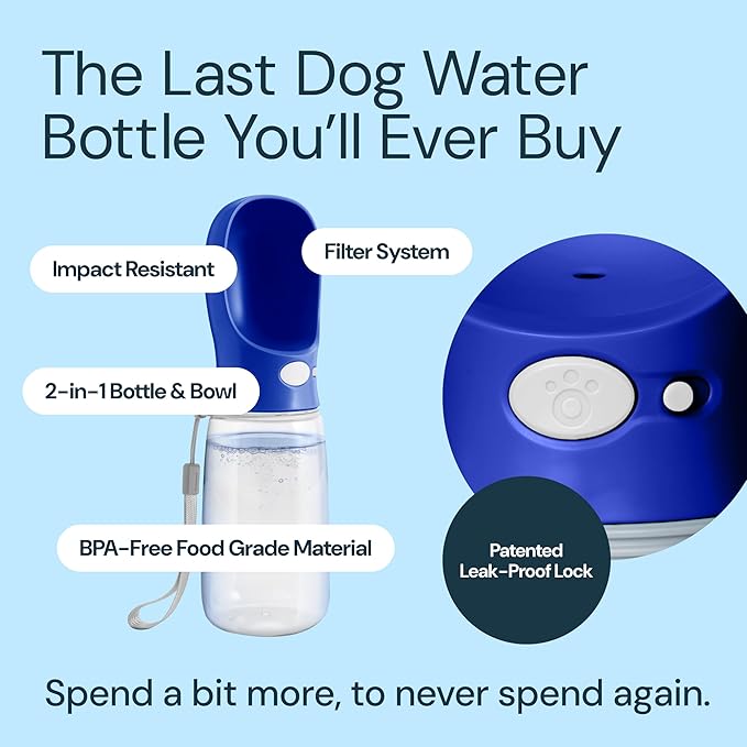 MalsiPree Leak Proof Travel Dog Water Bottle - 12 oz Navy Blue Portable & Lightweight Dog Water Bowl Dispenser - Food Grade Plastic - Puppy Essentials Dispenser Bottle - Pet Road Trip Essentials