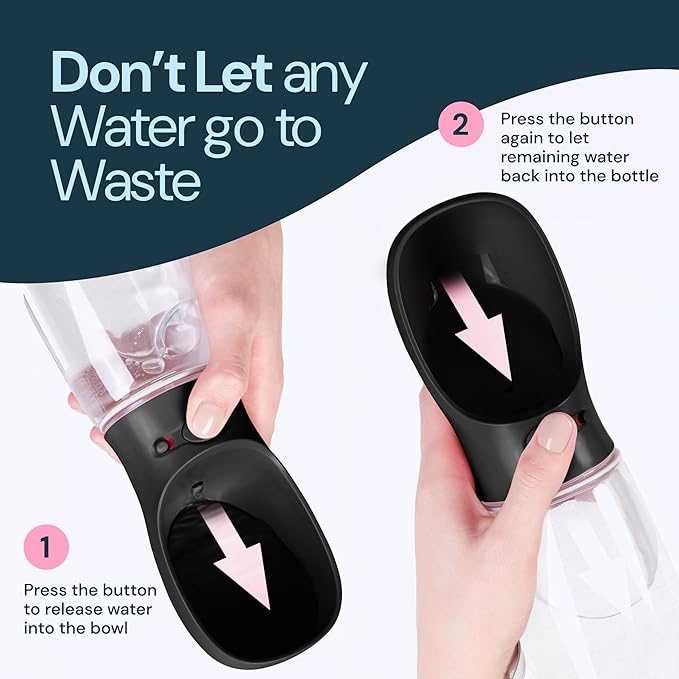 MalsiPree Leak Proof Portable Dog Water Bottle - 12 oz, Lightweight, Black Travel Pet Water Bottle with Bowl - Food Grade Plastic - Dog Walking Accessories - Doggy Trail Sip