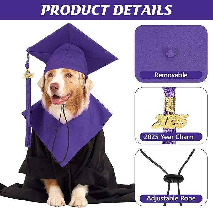 Pet Graduation Cap Small Dog Graduation Hats with 2025 Tassel Pet Graduation Costume for Dogs Cats Photo Prop Holiday Costume Accessory(Purple)