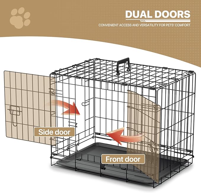MoNiBloom 24/30/36/42/48 Dog Crates, Foldable Metal Wire Dog Cage with Double-Door, Outdoor Indoor Pet Kennels, Includes Leak-Proof Pan, Divider Panel, Black, 24"