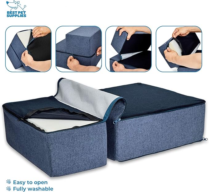 Best Pet Supplies Portable Foldable Foam Pet Stairs/Steps for Couch, Sofa, and High Bed, Non-Slip Bottom Balanced Paw Safe - Navy Blue, Foldable 2-Step (H: 12")