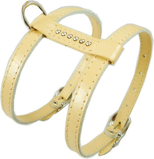 Genuine Leather Dog Harness for Toy Breeds X-Small. 10"-13" Chest Circumference Rhinestones (Beige)
