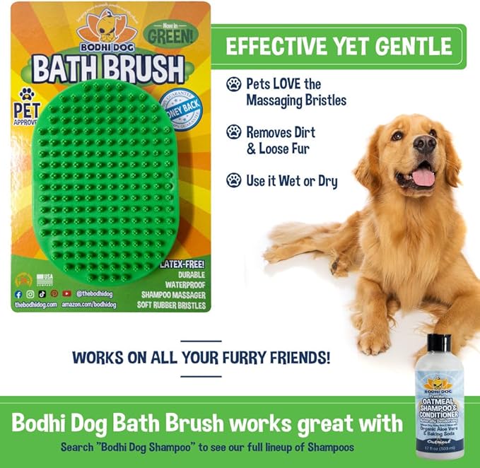 Bodhi Dog Shampoo Brush - Pet Grooming & Bath Supplies for Cats and Dog - Bath Brush for Long & Short Hair - Premium Scrubber for Shower, Bathing & Massage (One Pack, Green)