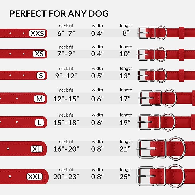 CollarDirect Rolled Leather Dog Collar, Soft Padded Round Puppy Collar, Handmade Genuine Leather Collar Dog Small Large Cat Collars 13 Colors (6-7 Inch, Red Smooth)