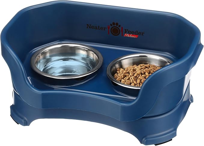 Neater Feeder Deluxe Mess Proof Dog Bowls Elevated for Small Breed – Made in USA – No Spill Raised Dog Food Bowl Stand – Stainless Steel Food and Water Bowl Set, Pet Feeding Station, Dark Blue
