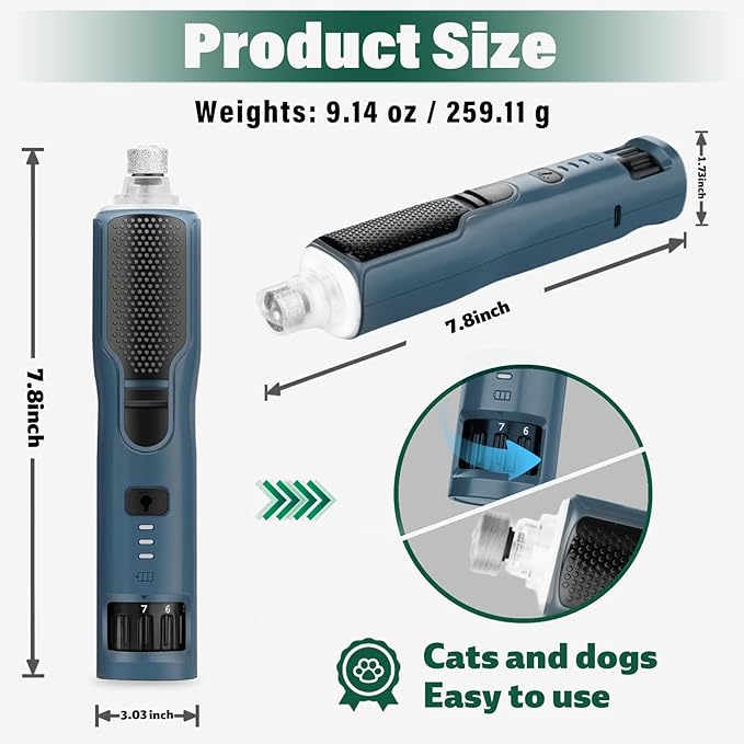 7-Speed Dog Nail Grinder & Dog Nail Trimmers for Large Medium Small Dogs Cats Pets Claw Trimmer Quick Sensor and Safety Guard Type-C Rechargeable with 360° LED Lights Pet Nail Trimmer