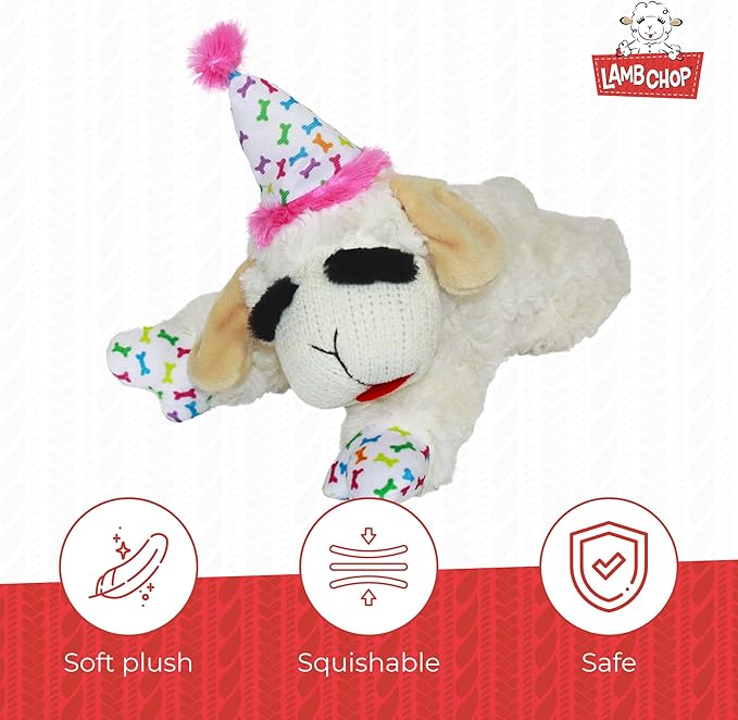 Multipet Lamb Chop Dog Plush Toy w/Birthday Hat - Squeaky Dog Toy for All Dogs - Soft Plush Dog Toy - Stuffed Animal Dog Toy for Playing - Cute Dog Birthday Toy (10.5”, Pink Hat, 5 Squeakers)