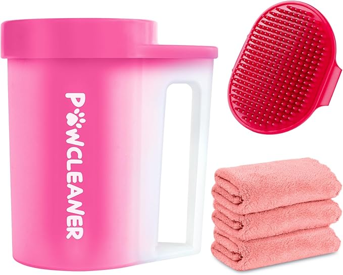 Buddy Muddy Pet Foot Cleaner with Handle, Absorbent Towels & Adjustable Bath Brush for Medium Dogs (Red)
