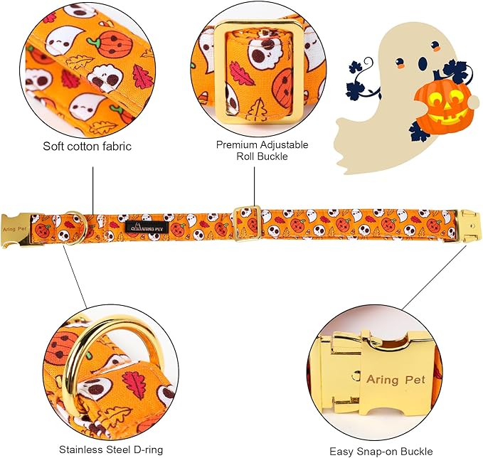 ARING PET Halloween Dog Collar-Cotton Pumpkin Dog Collar with Flower, Adjustable Halloween Themed Dog Collars Pet Necklace with Metal Buckle for Girl&Boy Dogs