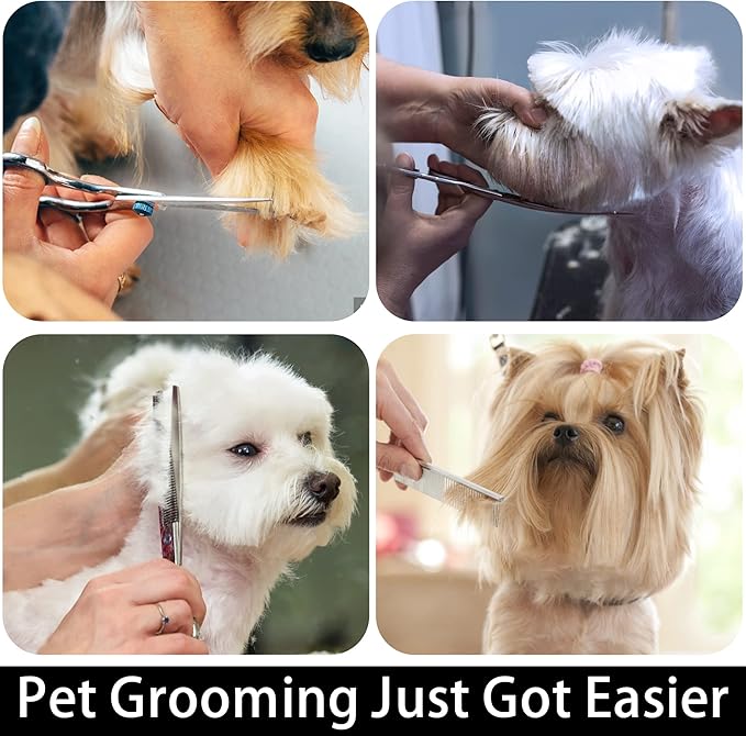 Dog Grooming Scissors with Safety Round Tip,Professional Dog Grooming Kit,Dog Hair Shears Set,Incude Thinning、 Curved、Straight Scissors and Comb. Suitable for The Right Hand
