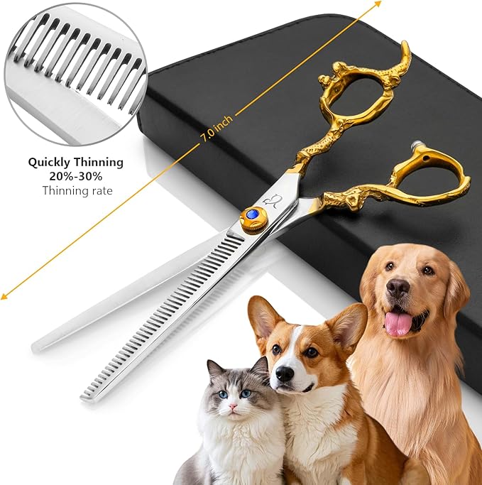 Dog Grooming Scissors,Thinning Shear Chunkers Shears and Curved scissors with Safety Round Tips,Sharp 3 in 1 Dog Scissors for Grooming