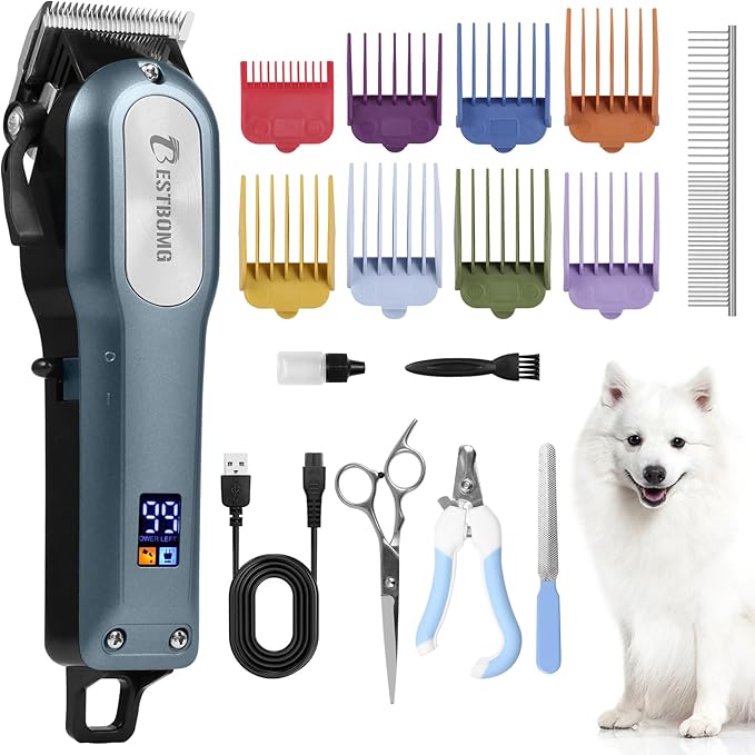 BESTBOMG Professional Dog Grooming Clippers for Thick Heavy Coats Low Noise High Power Rechargeable LED Display Cordless Pet Shaver for Small & Large Dogs Cats