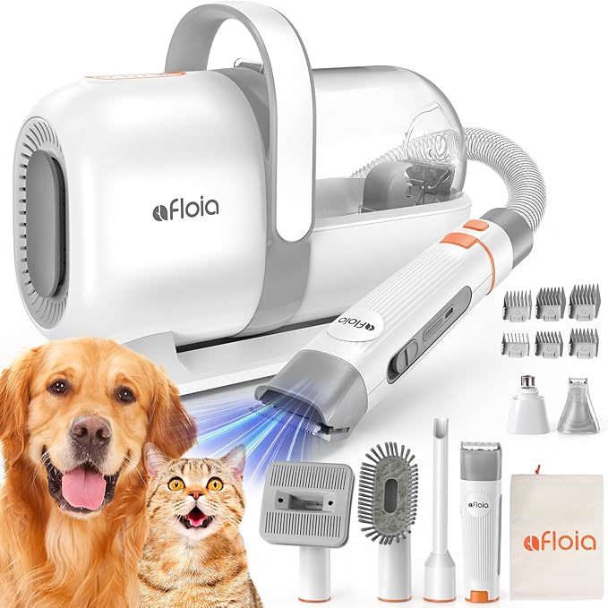 Afloia Dog Grooming Kit, Pet Grooming Vacuum & Dog Clippers Nail Trimmer Grinder & Dogs Brush for Shedding with 6 Pets Grooming Tools, Low Noise Dogs Hair Remover Pets Supplies (White)