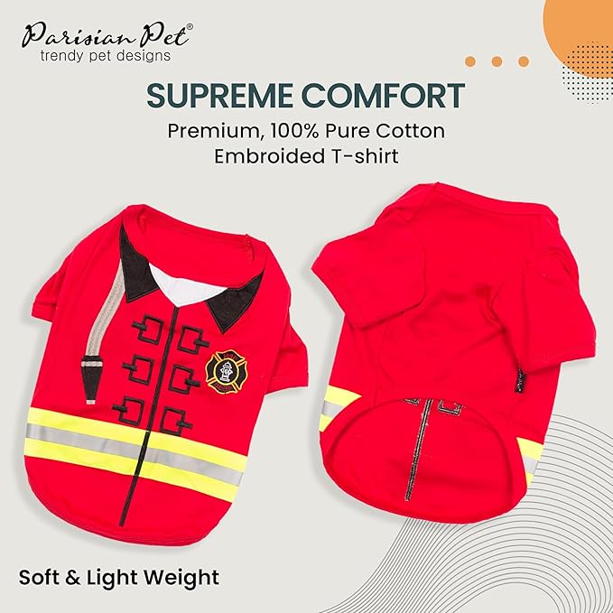 Parisian Pet Dog Shirt - Embroidered Dog Firefighter Costume - 100% Cotton and Polyester Dog Clothes - Sleeved Pet Costumes - Red Dog Costumes for Small Dogs - Lightweight Pet Shirts - S