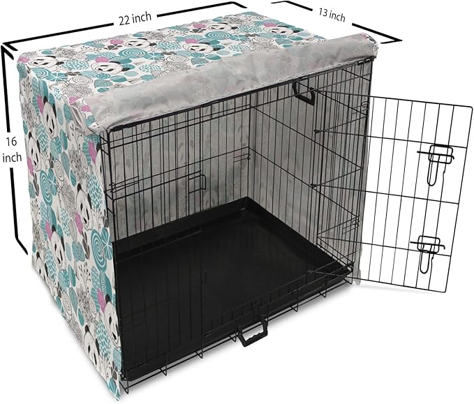 Lunarable Panda Dog Crate Cover, Portraits of Chinese Bears on Sketch Flowers and Abstract Circular Shapes, Easy to Use Pet Kennel Cover for Small Dogs Puppies Kittens, 22 Inch, Slate Blue Pink Grey