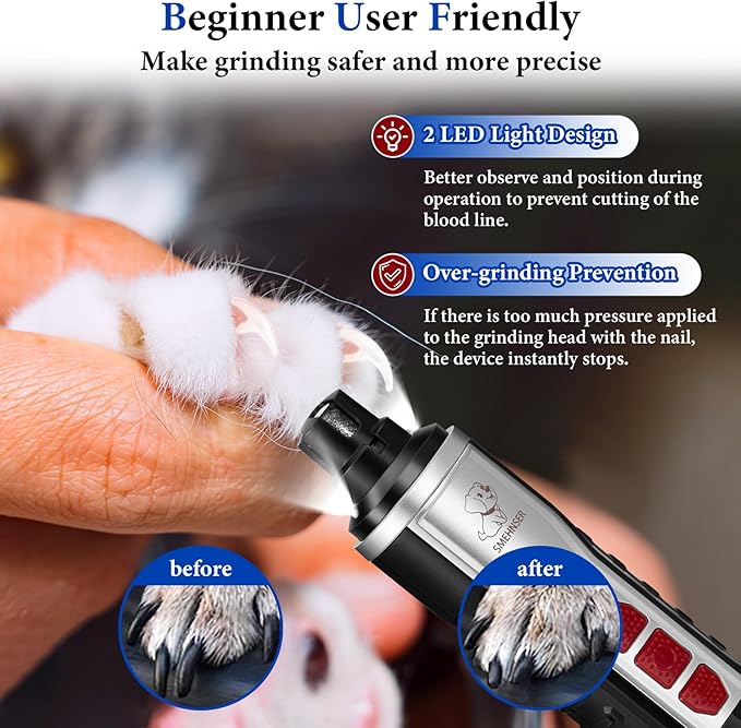 5-Speed Dog Nail Grinder, Newest Upgraded Pet Nail Trimmer with 2 LED Lights, Rechargeable Painless Silent Groom Pro Nail Grinder for Large Medium Small Dogs