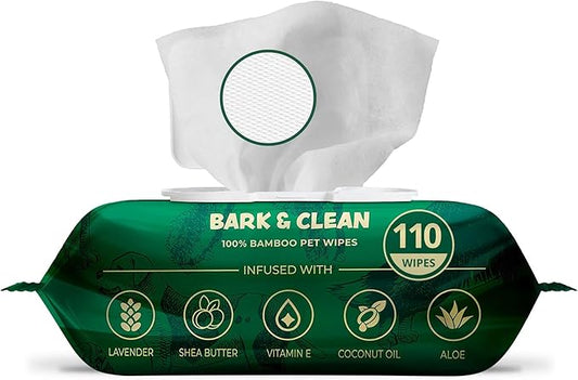 Bamboo Dog Wipes for Cleaning & Deodorizing - 8.5" x 9" 110 Compostable Hypoallergenic Pet Wipes for Dogs - Paws, Butt & Body - Puppy Face, Ear & Eye Cloths - Pet Supplies