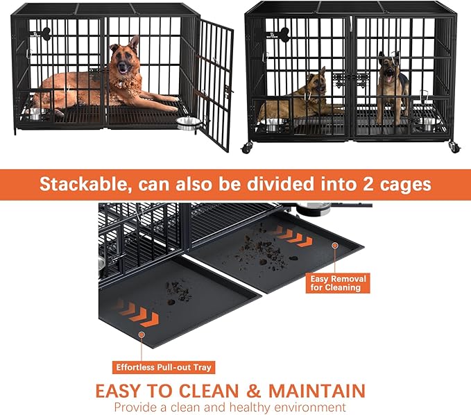 Dosker 48/42 inch Stackable Heavy Duty Metal Dog Crate for 4 Dogs/Large Dog,All Metal Open Top Access,Escape Proof Cage,Dog Kennel Indoor with Wheels,Floor Grid, Tray, Divider and Feeding Bowl