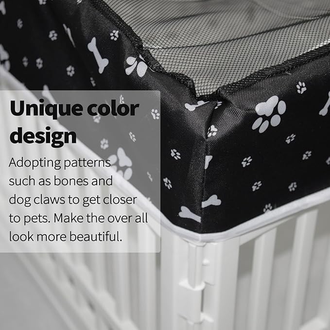 PJYuCien Dog Playpen Mesh Top Cover, Fits 36 Inch 4 Panels Regular Square Plastic Exercise Pet Pen, Adhesive Tape Connections, Black paw (Note: Cover Only, Fence Not Included)