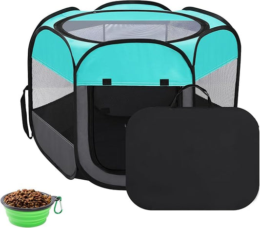 Pet Puppy Playpen for Cat Dog Indoor Outdoor, Foldable Portable Tent, Pop Up Dog Kitten Kennel Playpen with Carrying Case and Bowl,Green,Small