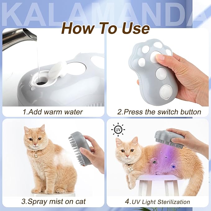 Cat Steam Brush for Shedding, 4 in 1 Steamy Cat Brush with Cleanser, Dog Massage Grooming Brush with Release Button, Pet Hair Cleaning Misting Comb for Kitten(Grey Paw)