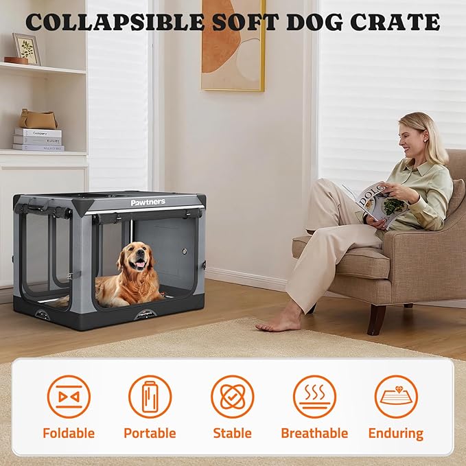 Collapsible Dog Crate: 42 Inch Foldable Soft Sided Dog Crate for Extra Large Dogs, Portable Dog Travel Kennel with Soft Mat for Indoors & Outdoors, Grey