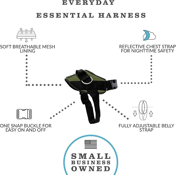 ShawnCo Essential Dog Harness, No-Pull Pet Vest with 3 Leash Clips, No Choke, Reflective, Adjustable and Padded, for Easy Walking and Training for Small, Medium and Large Dogs (Olive Green, M)