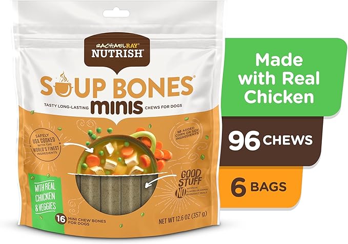 Nutrish Rachael Ray Soup Bones Minis Dog Chews with Real Chicken & Veggies, 16 Chews, 12.6 oz (Pack of 6)