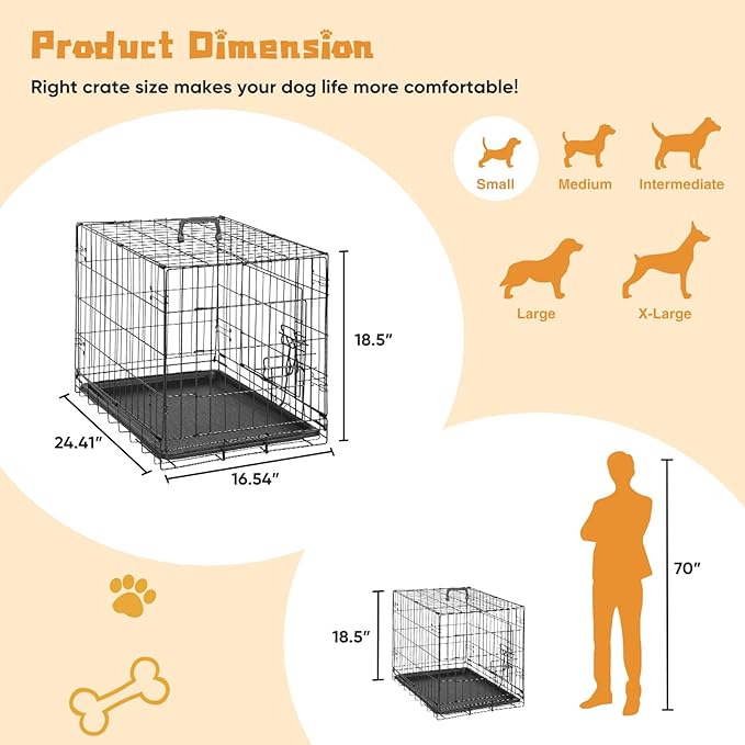 DUMOS 24-Inch Double Door Dog Crate | Durable Metal Pet Kennel with Secure Locks | Foldable & Portable Design for Small Dogs | Black