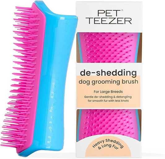 Pet Teezer by Tangle Teezer De-Shedding Dog Grooming Brush, Dry Brush or Dog Bath Brush for Wet or Dry Fur, Large, Blue & Pink