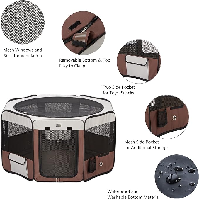 DONORO Dog Playpen 55" Portable Pet Play Pens for Medium Large Dogs, Foldable Exercise Kennel Tent Crate Indoor/Outdoor Travel Camping, Removable Top/Bottom (55"x55"x30"), 8