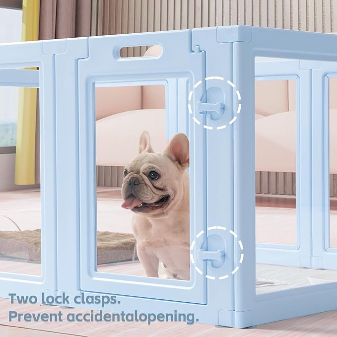 DIY Clear Acrylic Dog Playpen House,Quick Easy Assembly and Disassembly,Strong Floor Suction,Indoor and Outdoor Use,Easy Cleansing Puppy Fence (Sky Blue, 23.6" H, 10PCS)