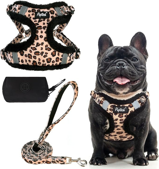 PUPTECK No Pull Dog Harness and Leash Set Reflective No Choke Step in Puppy Halter for XS Small and Medium Sized Dogs, Brown Leopard Print, Plush, L