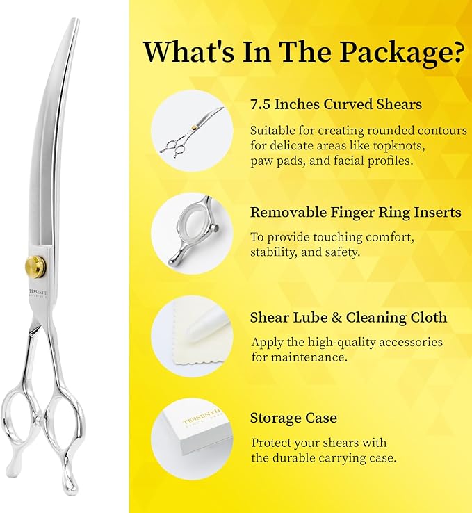 Dog Grooming Scissors, 7.5" Curved Shears, Premium Stainless Steel, Safety Rounded Tip & Ergonomic Symmetrical Handles for Dogs, Cats & Pet Trimming at Home