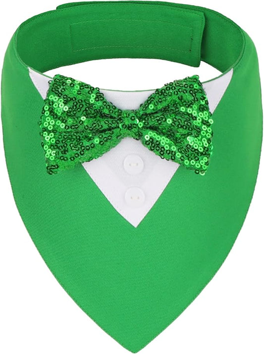 ADOGGYGO St.Patrick's Day Dog Tuxedo Bandana, Green Pet Tux Collar with Bowtie Adjustable St Patricks Costume for Medium Large Dogs Pets (L)