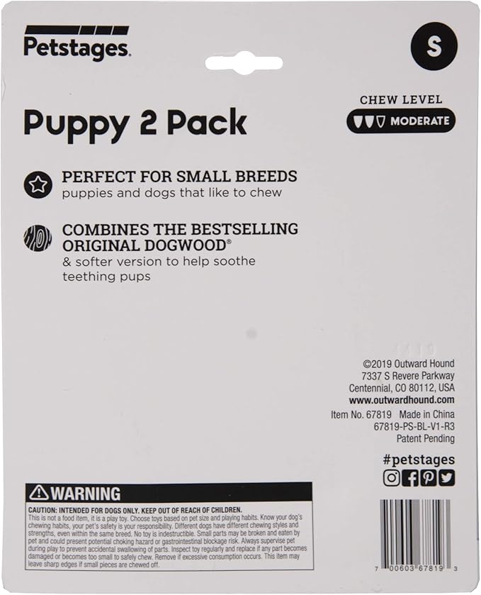 Petstages Dogwood Puppy Durable Dog Chew Toys, Real Wood & Teething Bone, 2-Pack, Small