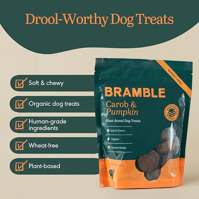 BRAMBLE Dog Treats. Plant-Based Treats for Dogs, Wheat-Free Everyday Dog Treats. Carob & Pumpkin, Made with Real Ingredients, Soft & Chewy Cookies. 8 oz