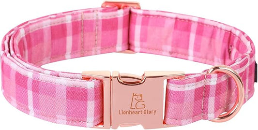 Lionheart glory Valentine's Day Collar, Pink Plaid Dog Collar for Medium Cute Dog Collars Spring Female Pet Gift Adjustable Heavy-Duty Dog Collar Holiday