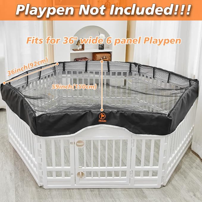 PJYuCien Dog Playpen Mesh Top Cover, Fits 36 Inch 6 Panels Regular Hexagonal Plastic Exercise Pet Pen, Adhesive Tape Connections, Black (Note: Cover Only, Fence Not Included)