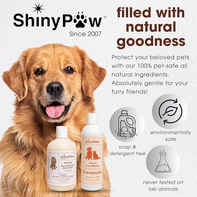 Oatmeal Shampoo for Dogs | ShinyPaw Dog Shampoo for Allergies and Itching | Controls Dog Shedding Naturally | Itchy Skin Relief for Dogs | Tearless Dog Shampoo & Conditioner Made in The USA | 16 oz